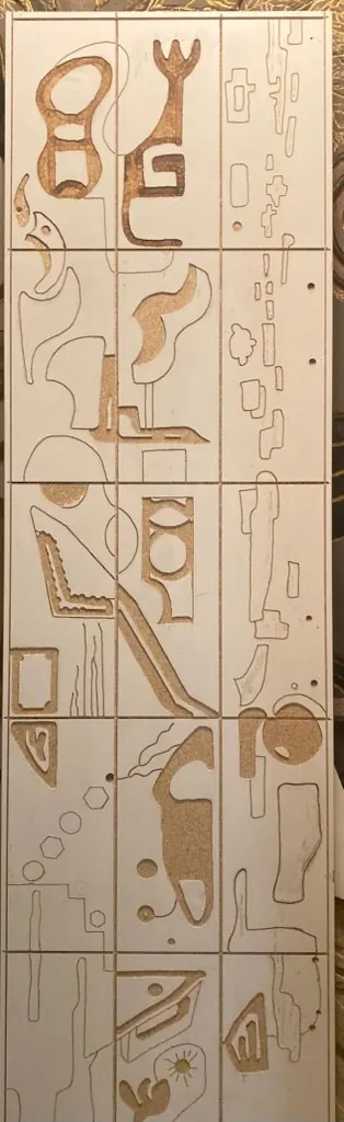 Tall hand-carved wood panel with abstract organic shapes