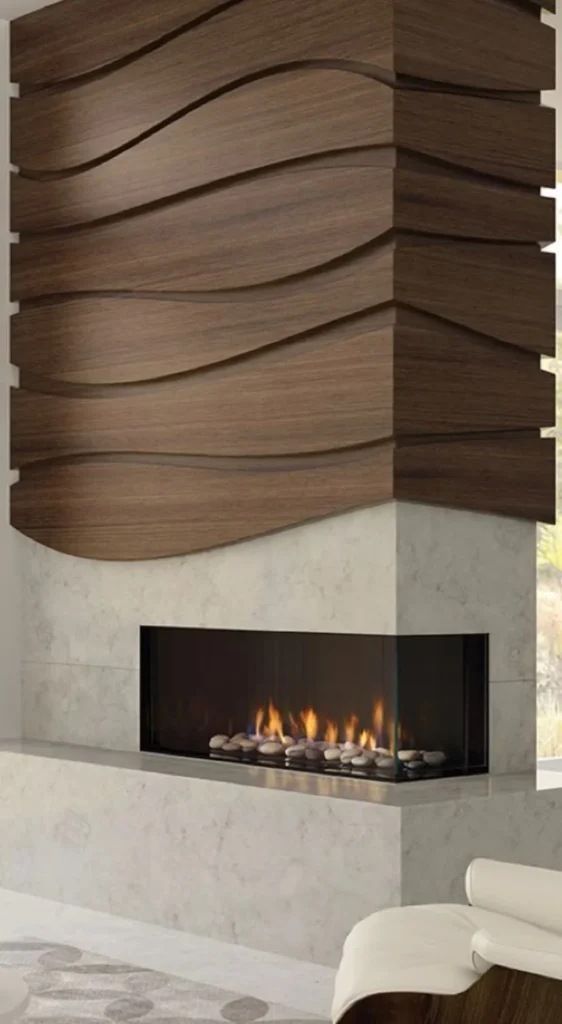 Fireplace wall with flowing horizontal wood waves above a linear gas fireplace